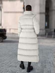 EURMUSE Zip Up Drawstring Waist Long Padded Coat - Cream - View 2
