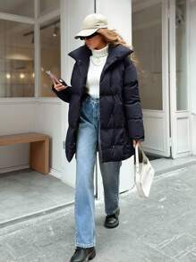 EURMUSE Solid Color High Neck Belted Padded Coat For Winter And Autumn - Black - View 4