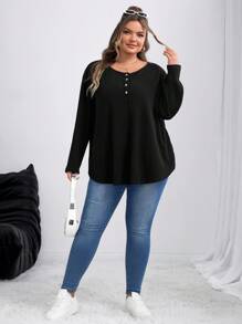 SHEIN CURVE+ Áo thun nữ tay dài cài nút phía trước màu đen, trang phục thường ngày/Mùa thu/Mùa đông - màu đen - Xem 7