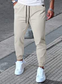 Manfinity Homme Men's Casual Solid Color Trousers With Drawstring Waist, For Autumn - 杏色 - 查看 3
