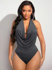 SHEIN PETITE CURVE Women's Plus Size Draped Front Backless Halter Bodysuit - Grey - View 3