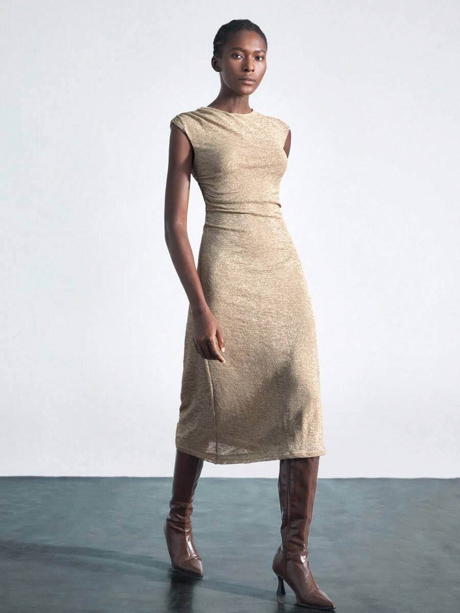 Maija Robe minimaliste à manches lanternes, col rond, taille creuse et ourlet évasé. Polyvalente pour les occasions urbaines modernes, les festivals et les fêtes - Gris - Voir 1