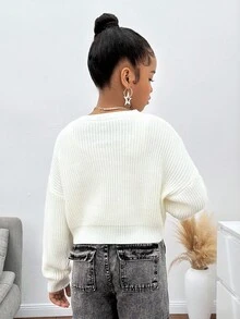 SHEIN Suéter de cuello redondo de manga larga, de corte holgado y texturizado, para niña preadolescente - Beis - Ver 2