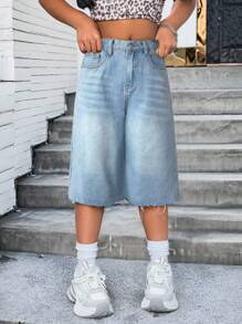 SHEIN Shorts vaqueros lavados informales para niñas preadolescentes, verano - Azul - Ver 5