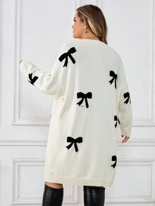 SHEIN CURVE+ 女士蝴蝶结图案圆领落肩长袖休闲毛衣裙，秋冬蝴蝶结连衣裙套头连衣裙蝴蝶结连衣裙/秋冬 - 黑與白 - 查看 2