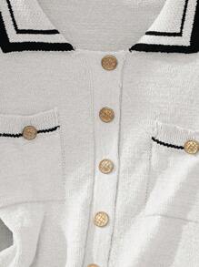 Franclia Áo khoác cardigan dệt kim đơn hàng ngày, tay ngắn, kẻ sọc dành cho nữ - trắng - Xem 8