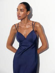 Maija 女式海军蓝缎面长裙，百搭四季现代都市时尚商务优雅纯色无袖连衣裙 - 藏蓝色 - 查看 6