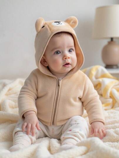 SHEIN Kurtka z kapturem i zamkiem błyskawicznym dla niemowląt, khaki, haftowany, puszysty ubiór wierzchni dla noworodków, unisex, wiosna/jesień
