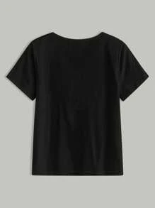 复古风格五角星和人物印花 V 领短袖 T 恤，适合春夏季的美观休闲衬衫 - 黑色 - 查看 2