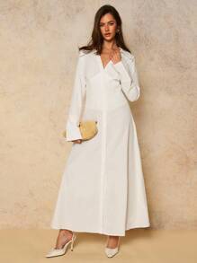 COSMINA Women's Elegant Commuter Solid Color Front Button Long Dress Fall Women Clothes - White - View 1