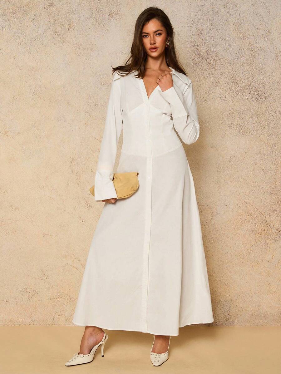 COSMINA Women's Elegant Commuter Solid Color Front Button Long Dress Fall Women Clothes - White - View 1