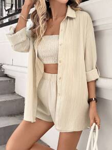 Sylviya Women's Khaki Woven Fabric Two-Piece Outfit: Casual Collared Crop Top And Shorts Set With Wrist-Length Sleeves And Pocket Details - Khaki - View 6