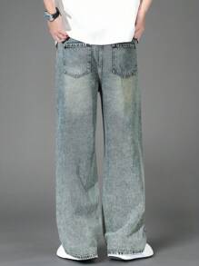 SHEIN 青少年男童新款水洗时尚宽松直筒牛仔裤，街头风休闲百搭牛仔裤，四季皆宜，秋冬季时尚有型。 - 中等水洗藍 - 查看 2