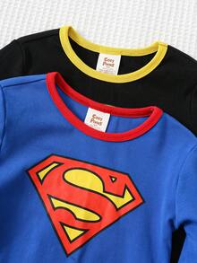 SUPERMAN X Cozy Pixies 4pcs Young Boy Cartoon Pattern Knit Soft Crew Neck Long Sleeve Top And Elastic Waist Long Pants Snug Fit Pajama Set, Suitable For Autumn/Winter Toddler Boys Pajama Sets Boys Superhero Pajamas Kids Pajama Sets - Black - View 3