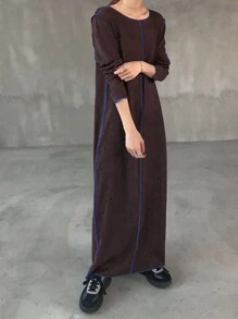 FRIFUL Women's Round Neck Long Sleeve Contrast Color Straight Loose Casual Long Dress, Autumn