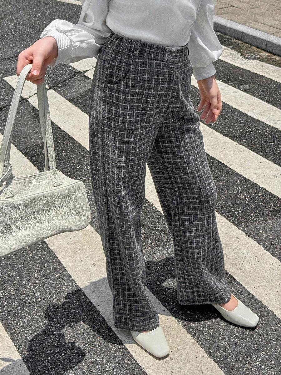 青少年女孩休闲通勤格子直筒裤 - 灰色 - 查看 1