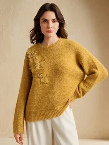 Anewsta 优雅纯色针织高密度亮片 3D 花卉休闲圆领女式针织套头衫，适合秋季、冬季、外出、正式、派对、时尚、新年、圣诞节、工作、毕业、婚礼 - 黃色 - 查看 3
