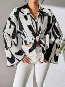 SHEIN Unity Rafferiza Women Spring/Summer Fashion Holiday Commute Loose Dropped Shoulder Long Flared Sleeve Pleated Blouse, With Random Spring/Summer Color Block Print, Long Sleeve Top Fall Cloth For Women - Apricot - View 5