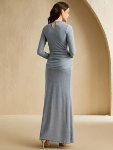 Anewsta Draped Textured High Stretch Knit Sculpting Ruched Curve Fitted Waist Long Sleeve Dress