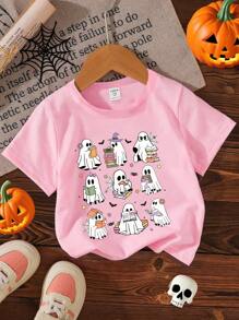SHEIN Young Girl Ghost Print Round Neck Short Sleeve Casual T-Shirt, Summer Wednesday Addams Halloween,Graphic Tees,Winter Clothes,Autumn Halloween
