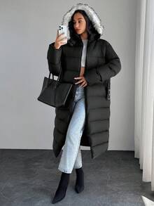 SHEIN Tall Damen Gepolsterter Mantel mit flauschigem Kapuzenrand und Kunstpelz, Reißverschluss