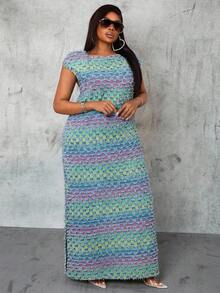Slaydiva Plus Size Cowgirl Outfit Colorful Non-Stretch Sexy Fashion High Slit Dress, Rodeo Outfits For Women Old Money Elegant Outfit Iridescent Maxi Dress Autumn