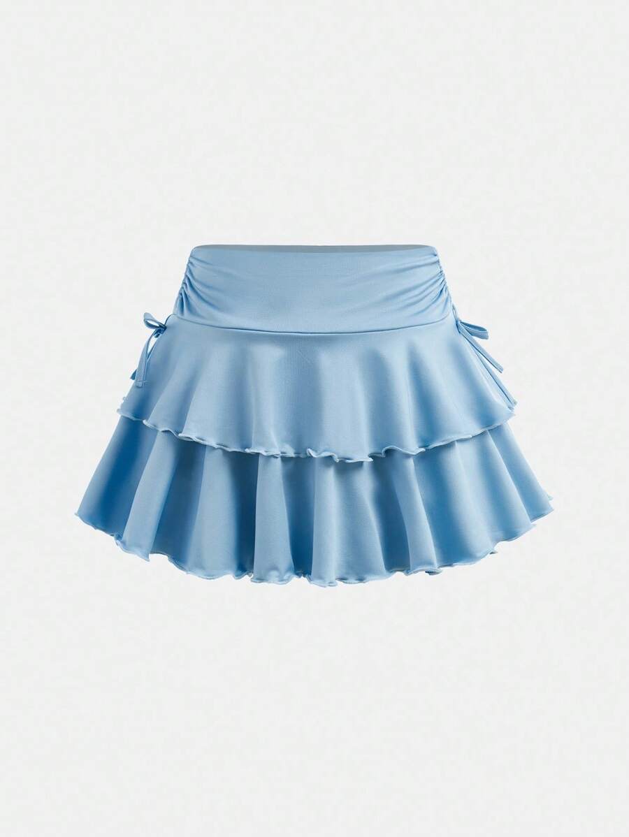 SHEIN Girlism 青少年女孩街头休闲纯色抽绳腰部褶边半身裙