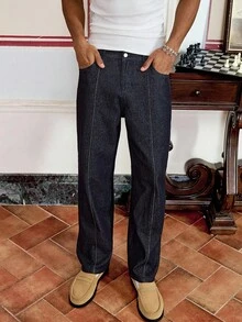 SWAVVY 男士修身休闲长款直筒牛仔裤 - 深色水洗藍 - 查看 1