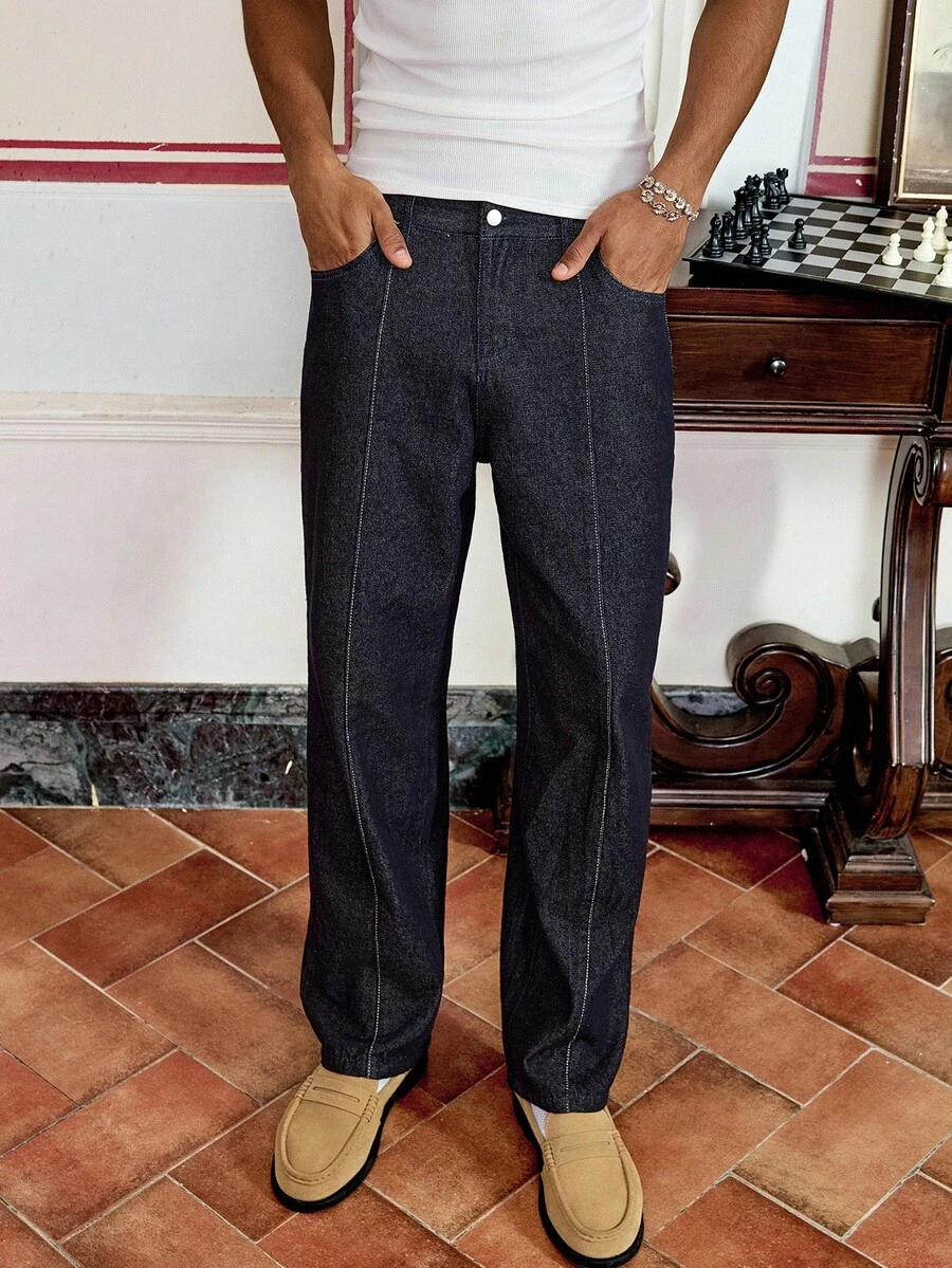 SWAVVY 男士修身休闲长款直筒牛仔裤 - 深色水洗藍 - 查看 1