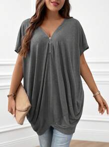 EMERY ROSE Plus Size Women Half Placket Batwing Short Sleeve Casual Loose T-Shirt