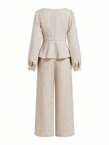 SHEIN Ellevyn 女士方领不对称下摆亚麻质感长袖上衣和直筒裤两件套，收腰显瘦，优雅休闲，适合春夏秋季穿着。 - 卡其色 - 查看 4