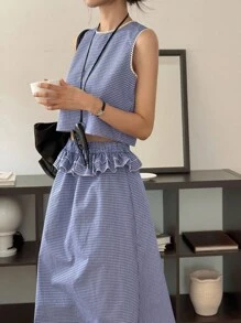 DAZY 女式无袖格子上衣和荷叶边下摆短裙两件套 - 藍色 - 查看 4