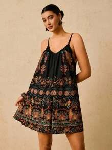 Travachic 加大码复古印花连体裤，深 V 领露背系带彩色复古图案女式度假短裤，全新 - 黑色 - 查看 3