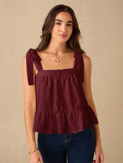 Enchnt Fall/Winter Romantic Women's Red Button Design Ruffle Hem Camisole Top,Sweet&Elegant For Sweet Date Night&Daily Commuting&Vacation&Afternoon Tea&Garden Parties,Fall Outfits For Women,Sun Dresses For Women