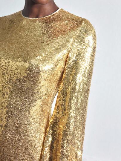 Maija Women's Solid Color Round Neck Long Sleeve Fitted Sequin Mini Dress Wedding Guest Dress Women Modern Party Shiny Fashion Party Gathering Outfit Essential Sparkling Sequins Hot Diamond Back To School Party Club Party Social Party Festival Women's Party Clothing Modern Urban Casual Fashion Business Casual Women's Office Wear Low-Key Old Money Style Effortless Temperament High-End Urban Commuting High-Quality Airport Women's Wear High-End Material Christmas Women's Clothing Gold Dress