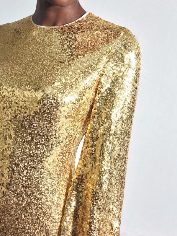 Maija Women's Solid Color Round Neck Long Sleeve Fitted Sequin Mini Dress Wedding Guest Dress Women Modern Party Shiny Fashion Party Gathering Outfit Essential Sparkling Sequins Hot Diamond Back To School Party Club Party Social Party Festival Women's Party Clothing Modern Urban Casual Fashion Business Casual Women's Office Wear Low-Key Old Money Style Effortless Temperament High-End Urban Commuting High-Quality Airport Women's Wear High-End Material Christmas Women's Clothing Gold Dress