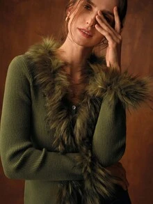 MOTF PREMIUM FUZZY TRIM RIBBED KNIT CARDIGAN - Olive Green - View 3