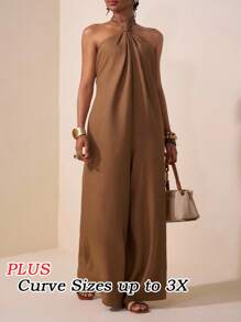 Veslaya 2025 Nouvelle combinaison ample à jambes larges avec nœud torsadé, style ras-du-cou, dos nu sexy, pour festival de musique d'été, mariage, anniversaire, port décontracté quotidien, vacances, croisière, plage, bronzage, rouge-brun, grande taille femme