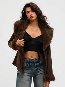 Aloruh Áo khoác thường chắp vá lông giả cổ điển thời trang dành cho nữ, mùa thu, lễ hội Rave chào đón năm học mới, buổi hòa nhạc đồng quê Ibiza Nashville, trang phục miền Tây dành cho nữ, phong cách Boho, đường phố, nhiệt đới, áo khoác dáng rộng màu nâu Gyaru - màu nâu - Xem 10