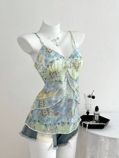 Elamini 女士花卉印花拼布荷叶边装饰吊带背心，适合度假穿着