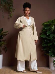 Veslaya Plus Size Women's Solid Color Lapel NeckLong Sleeve Long Casual Blazer Jacket In Fall/Winter - Khaki - View 4
