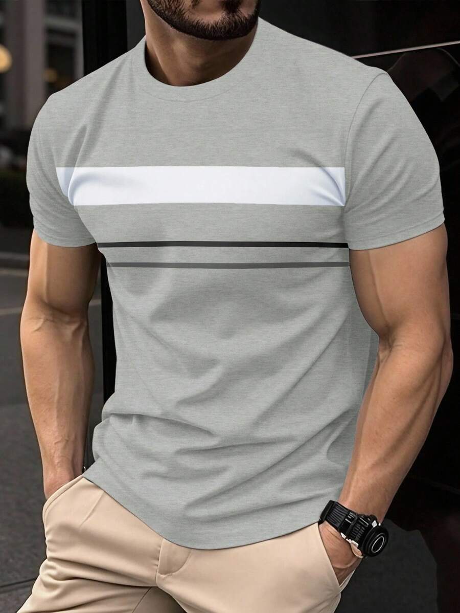 Manfinity Homme 男士休闲拼色条纹短袖T恤，夏季 - 淺灰色 - 查看 1