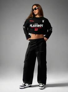 Missguided x Playboy 赛车俱乐部长袖短款 T 恤复古汽车俱乐部衬衫，带有赛车旗帜复古风格格子旗设计编号 53 秋冬街头服饰 - 黑色 - 查看 5