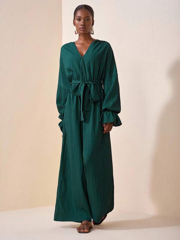 Zivah 2025 Autumn/Winter New Elegant Vacation Casual Party Bohemian Daily Date Loose Criss-Cross Halter Neck Long Sleeve Waist Hollow Drawstring Jumpsuit - Women Long Jumpsuit