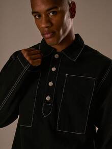 Musero Oversized Boxy Fit Contrast Stitch Quarter Button Up Denim Shirt Top Only /Winter - Black - View 2