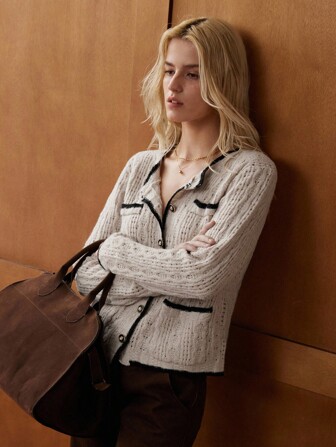 Écloséra French Vintage Round Neck Long Sleeve Knitwear Cardigan With Contrast Trim, Double Pockets, Hollow-Out Design, Khaki And Black, Spring/Autumn/Winter Women, Retro, Work Wear, Office Wear, Teacher Outfits, Back To School, Fall , Business Casual, Old Money Style,Preppy Academia College Style Knitted Sweater