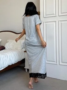 SHEIN 撞色蕾丝拼布方领圆点印花女式休闲长袖针织睡袍 - 灰色 - 查看 2