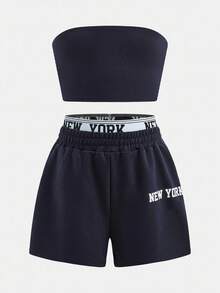 SHEIN Girlism Tween Girl Casual Street Style Slogan Print Sweatshirt & Shorts, Fitted Solid Color Camisole 3-Piece Set