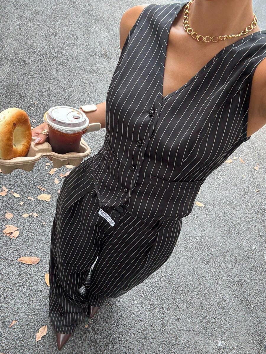Muchica Conjunto de 2 piezas de ropa casual de negocios para mujer, con chaleco de cuello en V con botones y estampado de rayas, y pantalones. Ropa casual para mujer y pantalones de traje en estilo gótico para otoño/invierno