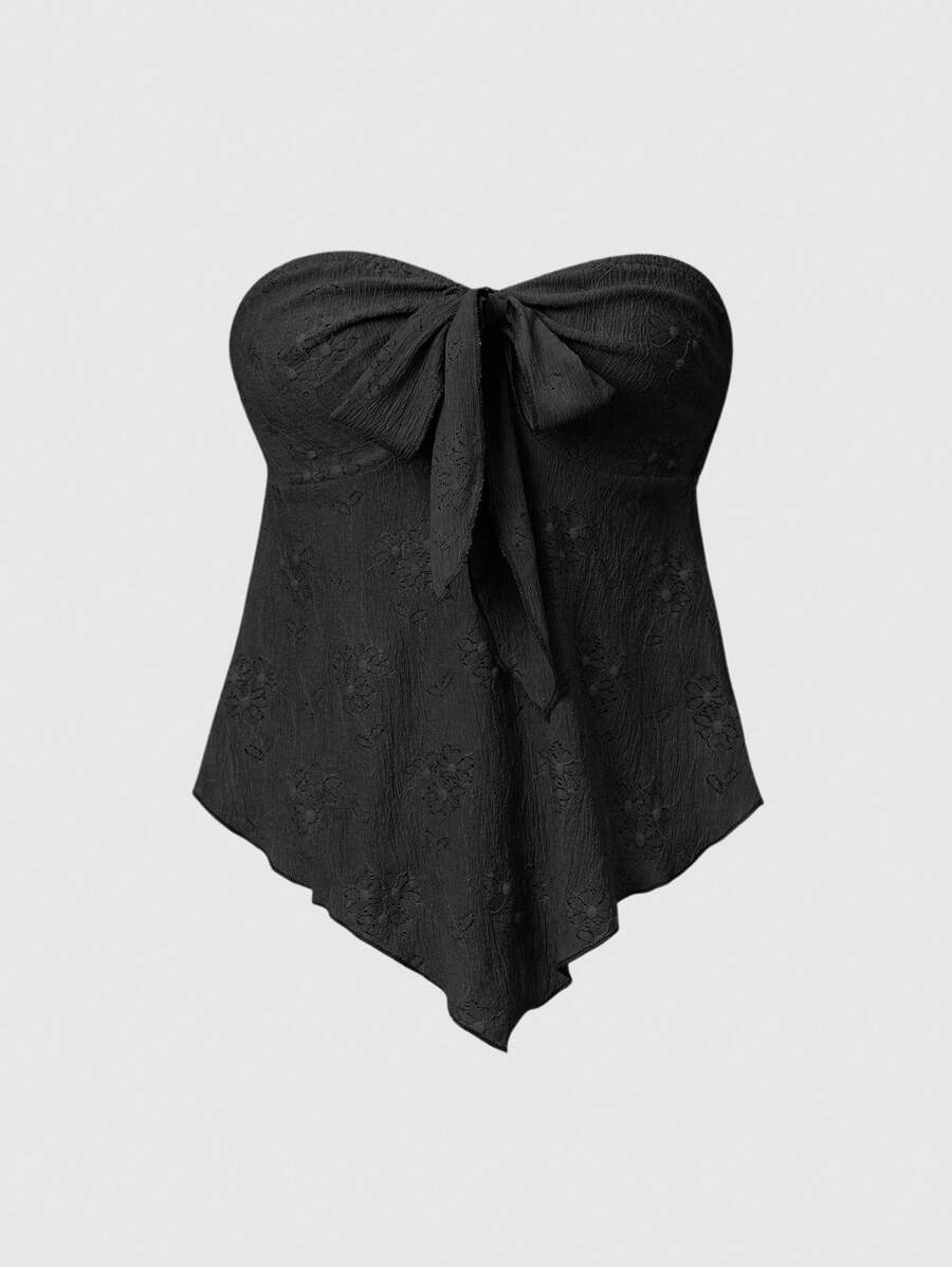 Sweetra Áo nữ mùa hè màu trơn, thắt nút phía trước, vạt áo bất đối xứng, không dây vai, kiểu dáng thường ngày Y2K - màu đen - Xem 1